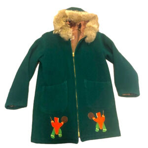 Vtg Inuvik Sewing Centre Wool & Coyote Fur Trim Hood Parka Emerald Green Sz 40